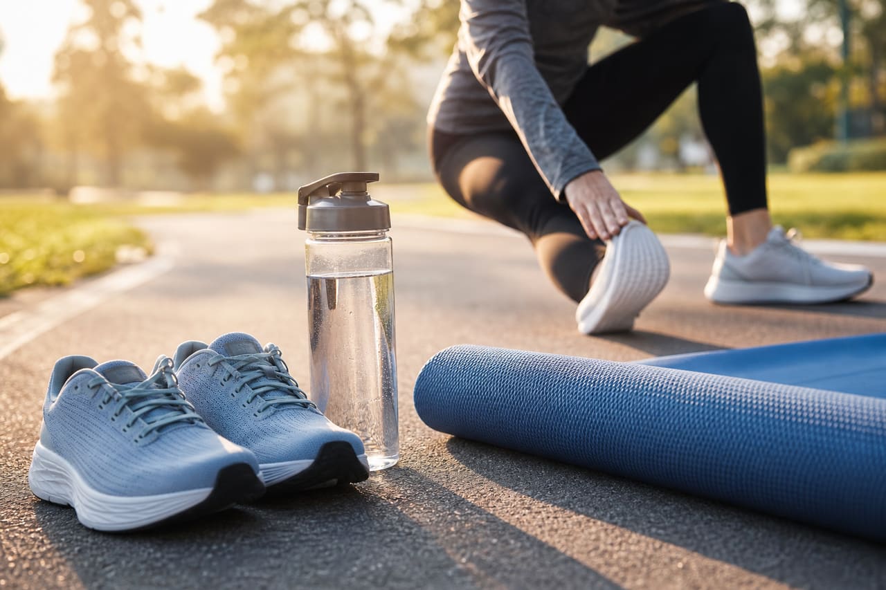 Stretching and checking the weather before an outdoor workout