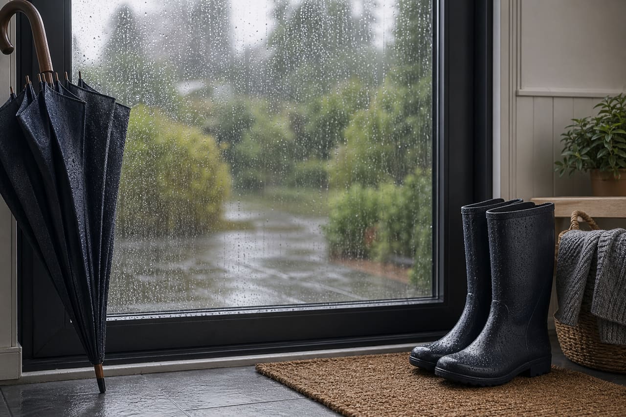 Preparing an umbrella and waterproof shoes for a rainy day