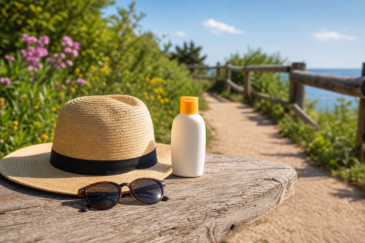 Using sunscreen and a hat to block UV rays